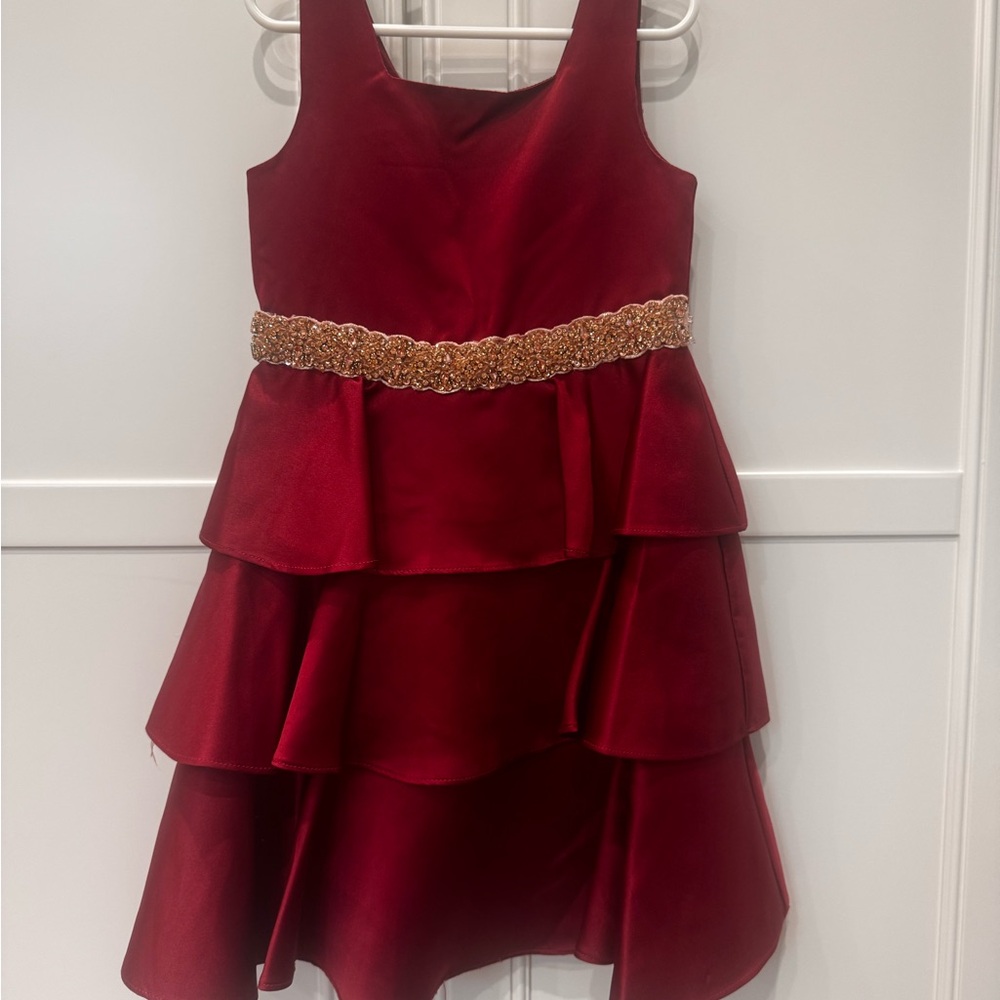 Rare Editions Red Tiered Dress with Gold Belt